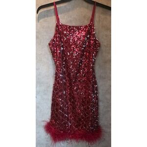 Red Sequin & Feather Cocktail  Holiday party dress, short Christmas Party